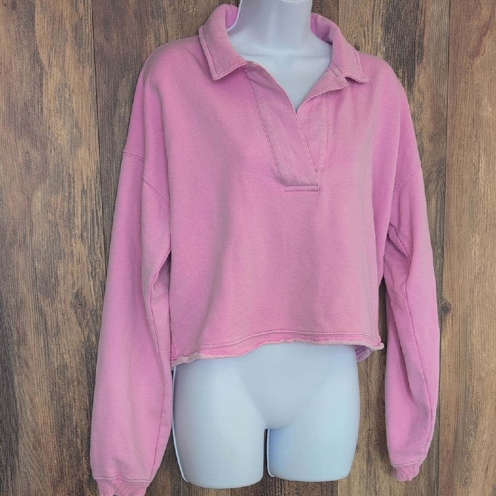 American Eagle Pink Cropped Oversized Polo Sweatshirt S